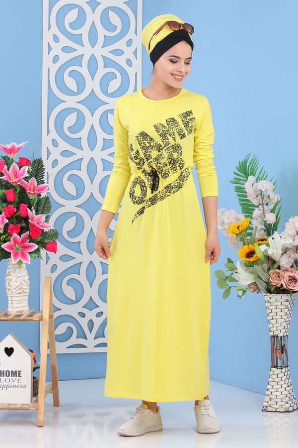 Baskılı Elbise Siyah Sarı - 5137