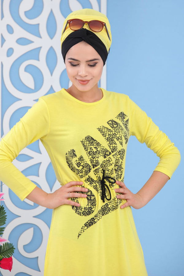 Baskılı Elbise Siyah Sarı - 5137