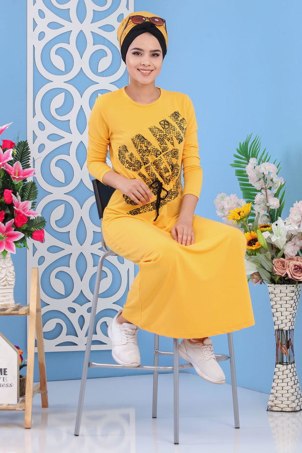 Baskılı Elbise Siyah Sarı - 5137