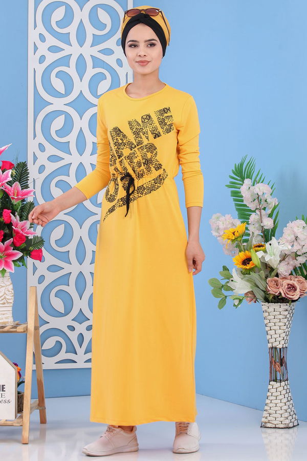 Baskılı Elbise Siyah Sarı - 5137