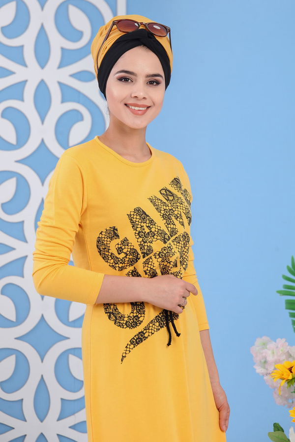 Baskılı Elbise Siyah Sarı - 5137