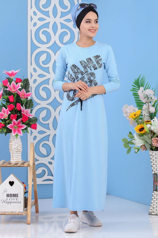 Baskılı Elbise Siyah Mavi - 5137