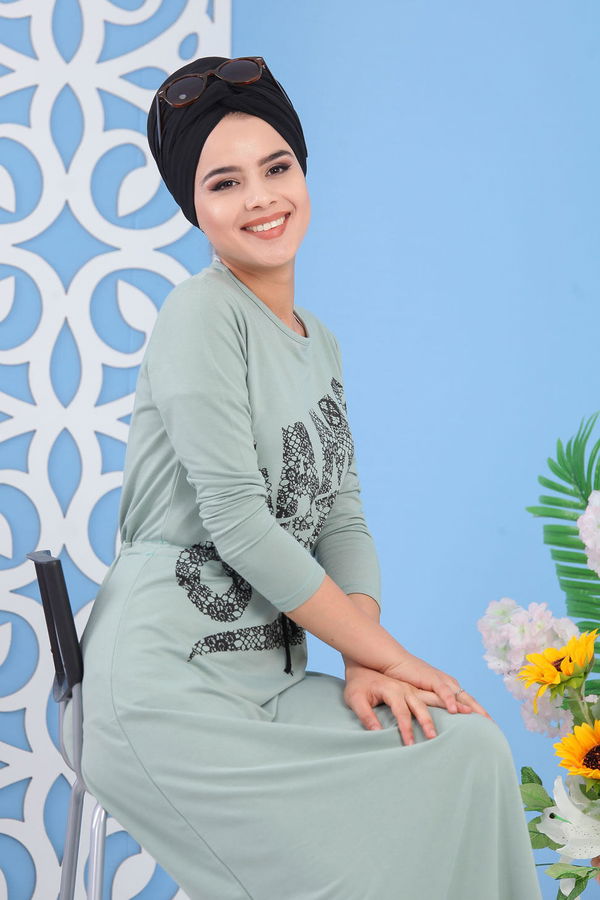 Baskılı Elbise Siyah Yeşil - 5137 YEŞİL