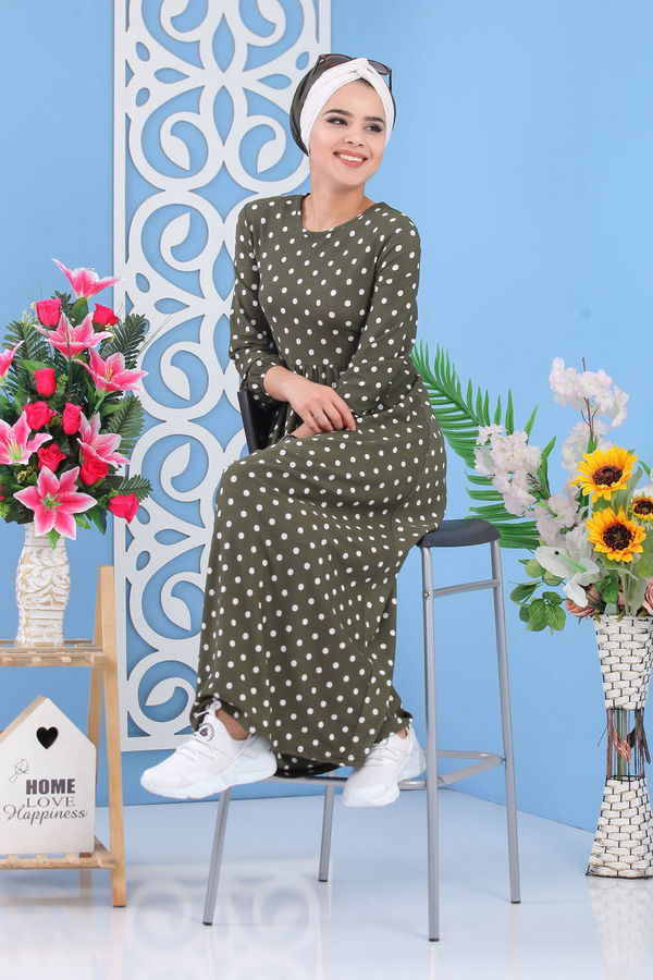 Puantiyeli Elbise Siyah Haki - 6655