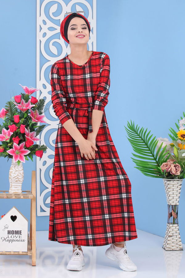 Ekose Elbise Bordo - 02 7284 Bordo - 7284