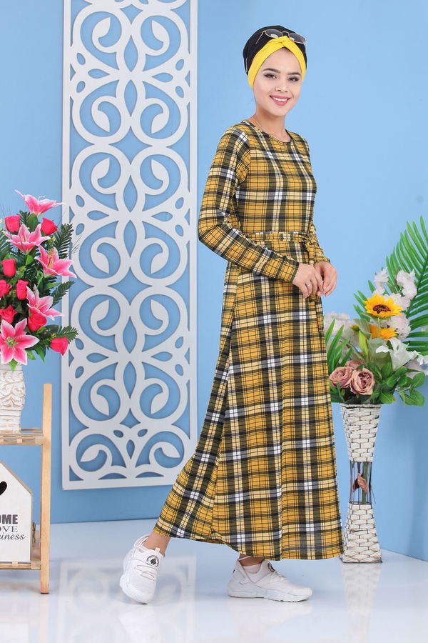Ekose Elbise Hardal - 02 7284 Sarı - 7284
