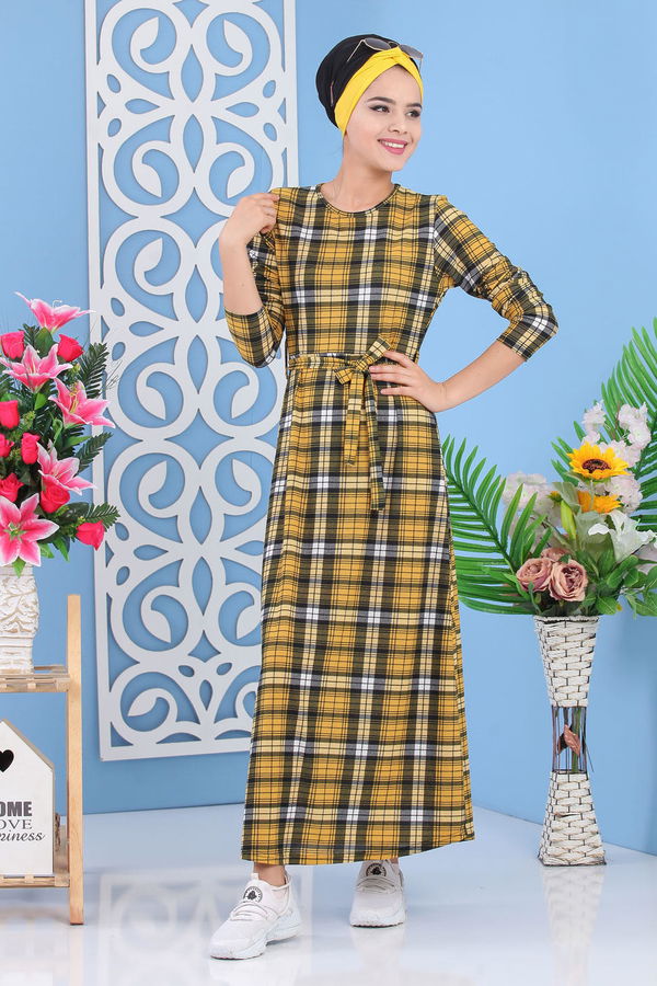 Ekose Elbise Hardal - 02 7284 Sarı - 7284