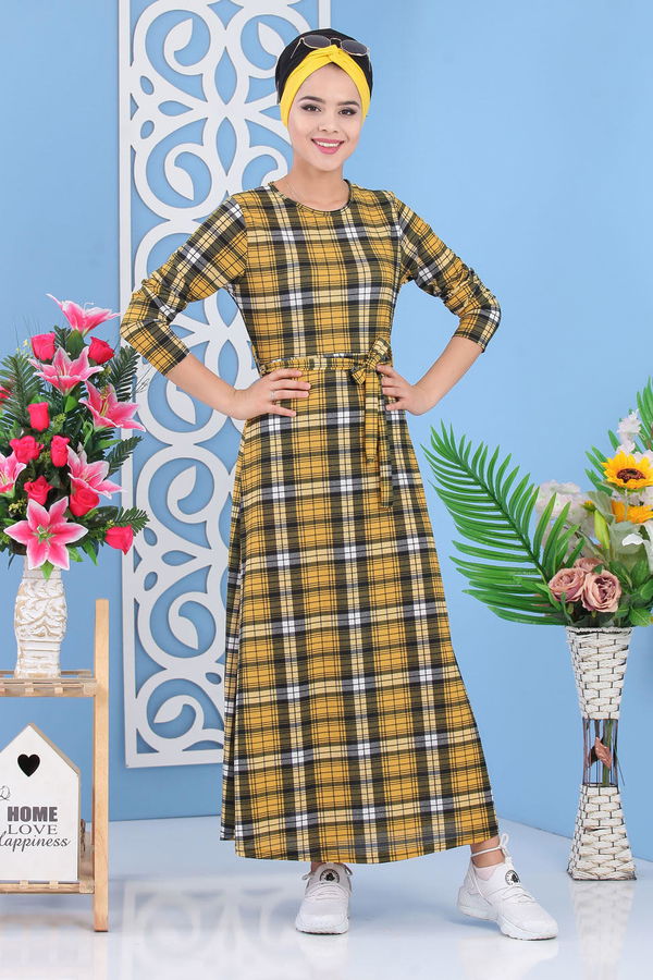 Ekose Elbise Hardal - 02 7284 Sarı - 7284