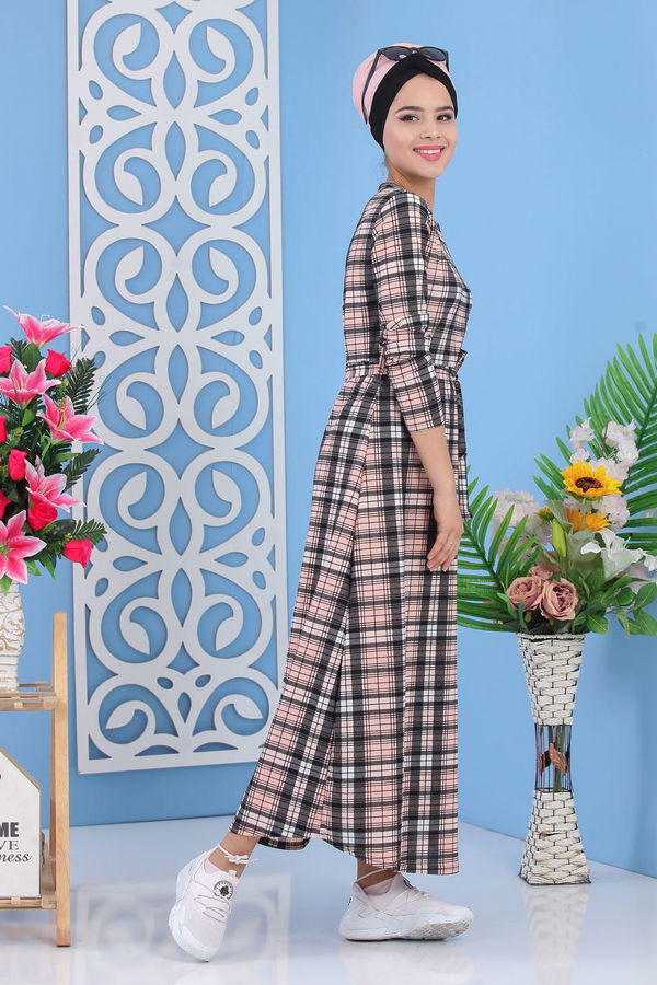 Ekose Elbise Pudra - 02 7284 Pembe - 7284