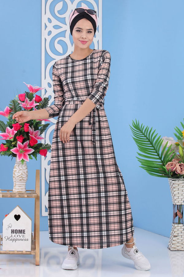Ekose Elbise Pudra - 02 7284 Pembe - 7284