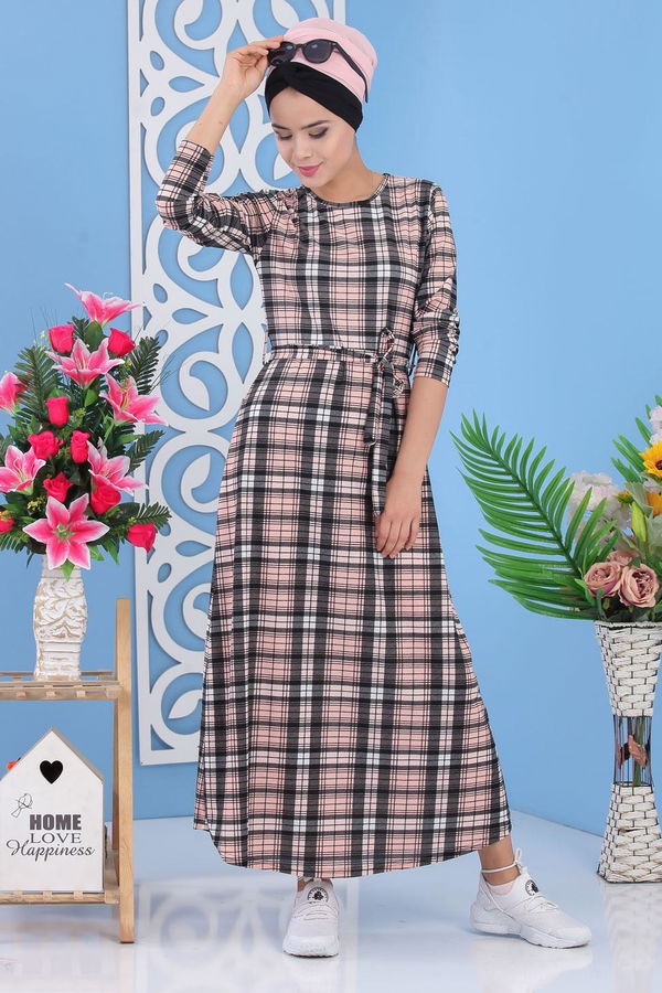 Ekose Elbise Pudra - 02 7284 Pembe - 7284