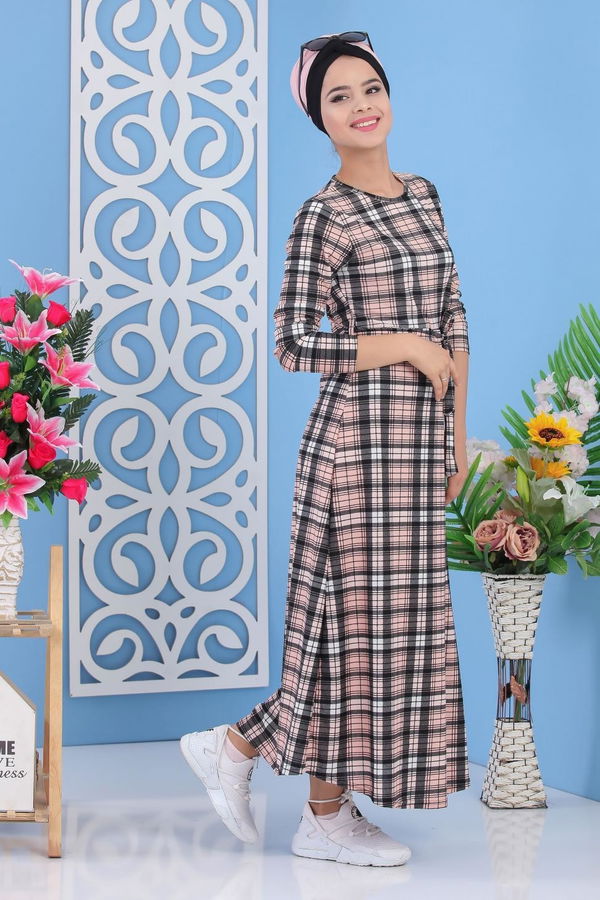 Ekose Elbise Pudra - 02 7284 Pembe - 7284