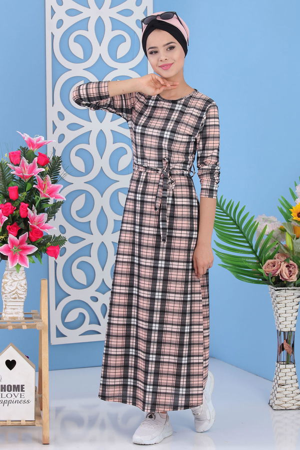 Ekose Elbise Pudra - 02 7284 Pembe - 7284