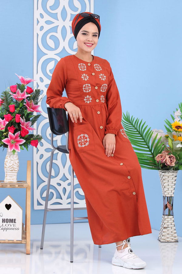 Nakışlı Elbise Kiremit - 02 7286 Kiremit - 7286