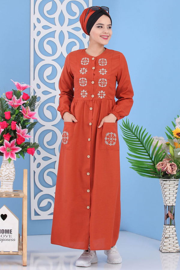Nakışlı Elbise Kiremit - 02 7286 Kiremit - 7286