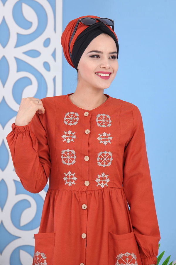 Nakışlı Elbise Kiremit - 02 7286 Kiremit - 7286
