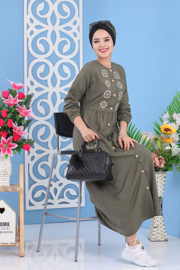 Nakışlı Elbise Haki - 02 7286 Haki - 7286