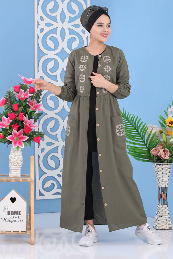 Nakışlı Elbise Haki - 02 7286 Haki - 7286