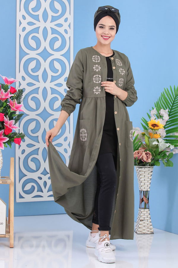Nakışlı Elbise Haki - 02 7286 Haki - 7286