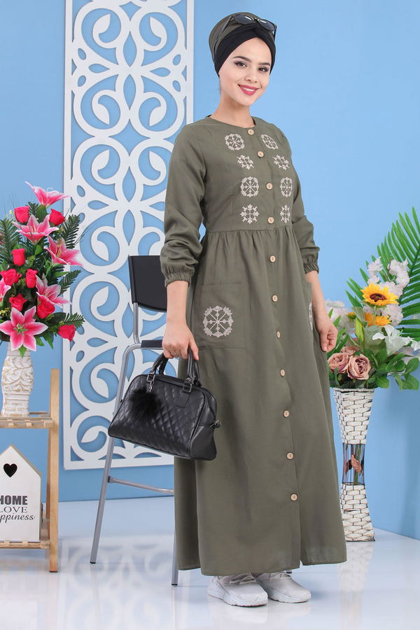 Nakışlı Elbise Haki - 02 7286 Haki - 7286
