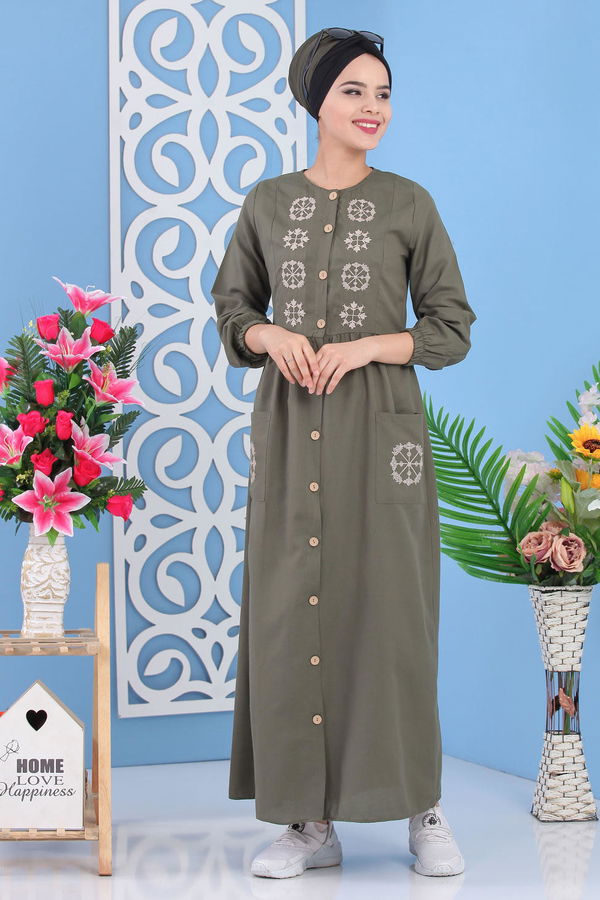 Nakışlı Elbise Haki - 02 7286 Haki - 7286
