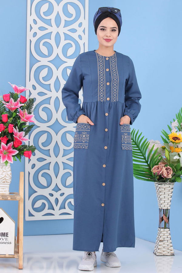 Nakışlı Elbise Mavi - 02 7287 Mavi - 7287 MAVİ