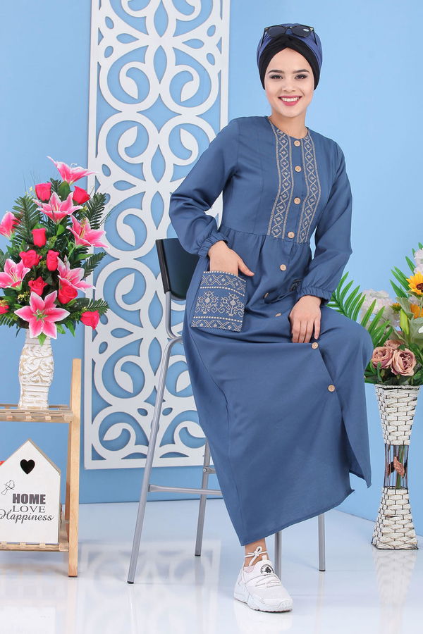 Nakışlı Elbise Mavi - 02 7287 Mavi - 7287 MAVİ