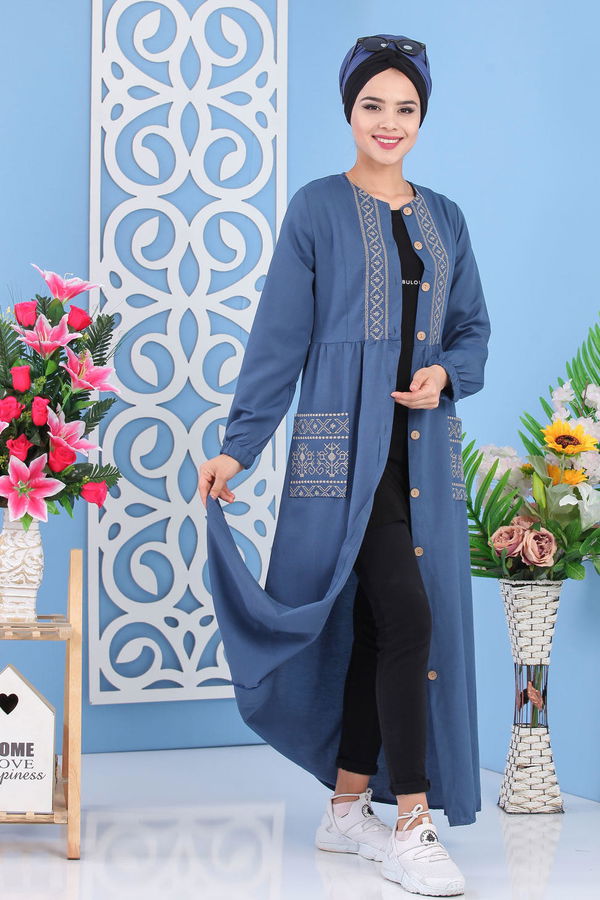 Nakışlı Elbise Mavi - 02 7287 Mavi - 7287 MAVİ