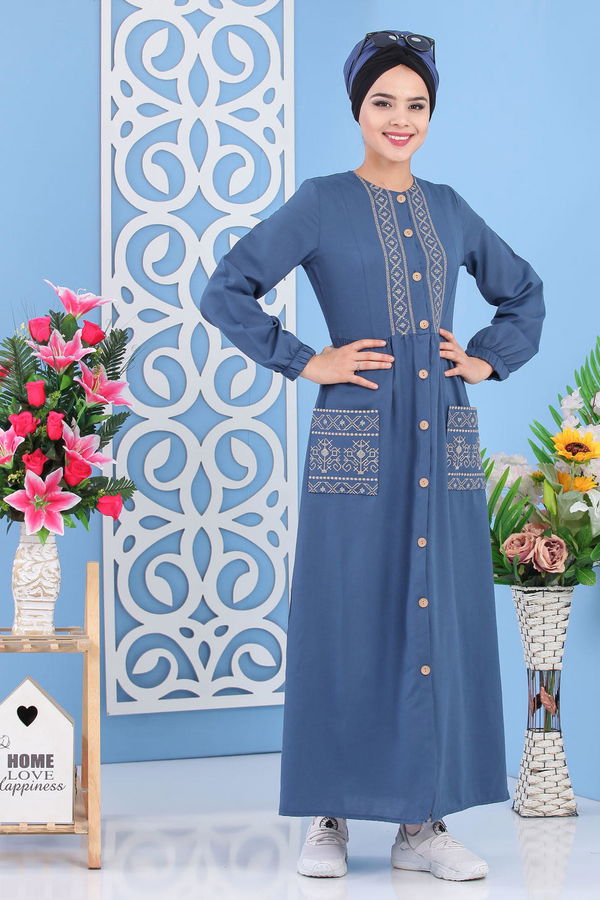 Nakışlı Elbise Mavi - 02 7287 Mavi - 7287 MAVİ