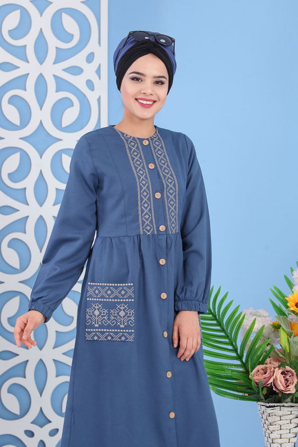 Nakışlı Elbise Mavi - 02 7287 Mavi - 7287 MAVİ