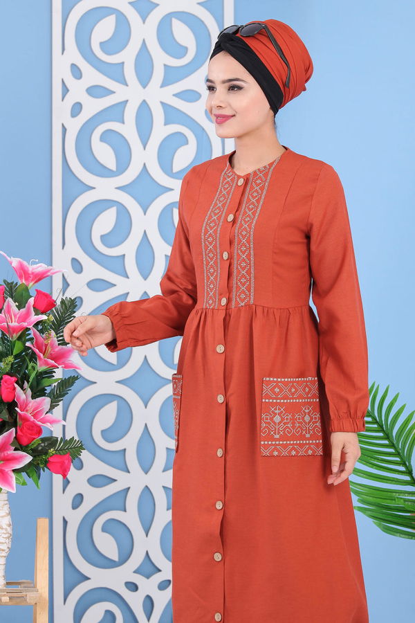 Nakışlı Elbise Kiremit - 02 7287 Kiremit - 7287