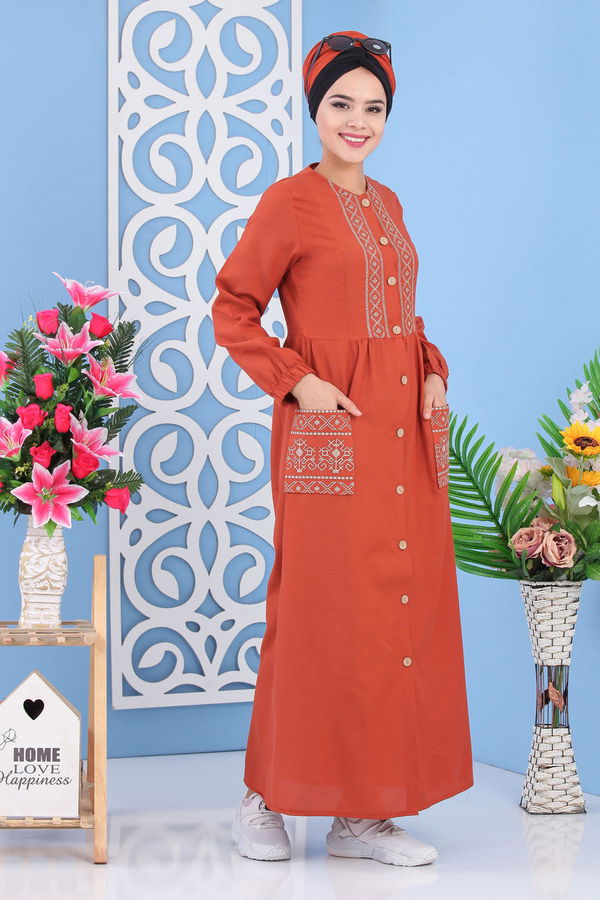 Nakışlı Elbise Kiremit - 02 7287 Kiremit - 7287