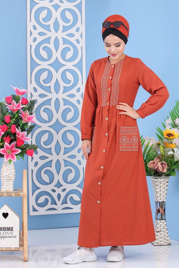 Nakışlı Elbise Kiremit - 02 7287 Kiremit - 7287