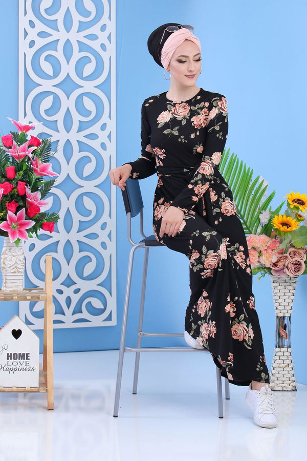 Çiçek Desen Elbise Siyah - 02 7299 Siyah - 7299 SİYAH