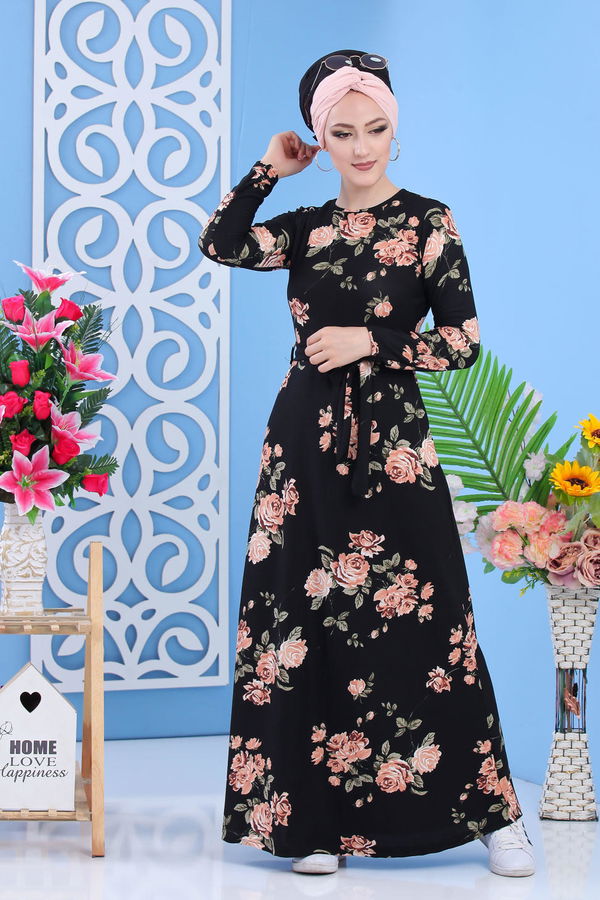Çiçek Desen Elbise Siyah - 02 7299 Siyah - 7299 SİYAH