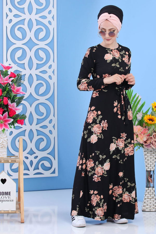 Çiçek Desen Elbise Siyah - 02 7299 Siyah - 7299 SİYAH
