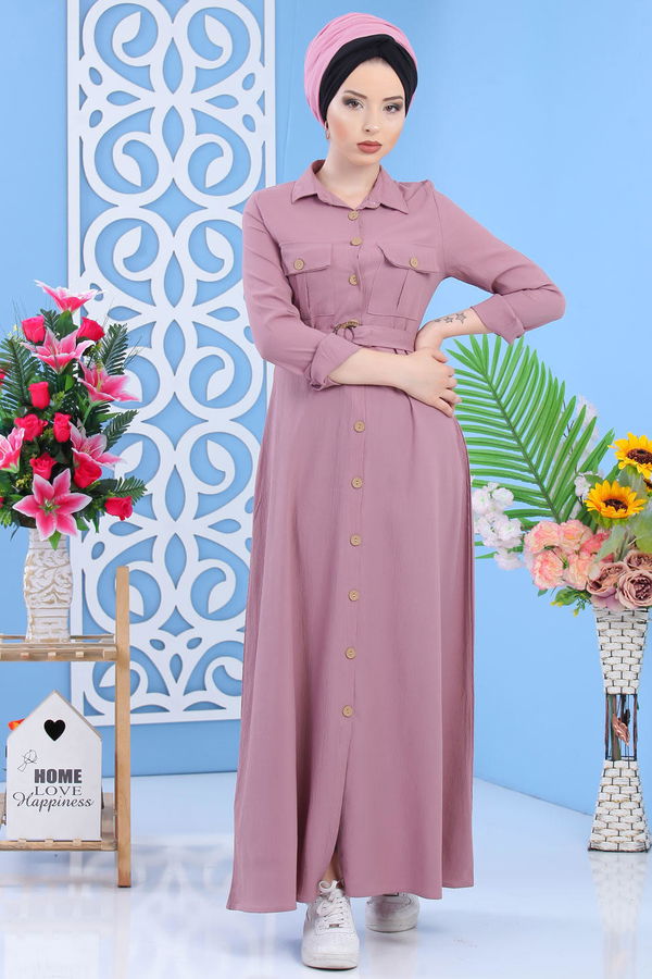 Dügmeli Elbise Gülkurusu - 02 7309 Pembe - 7309
