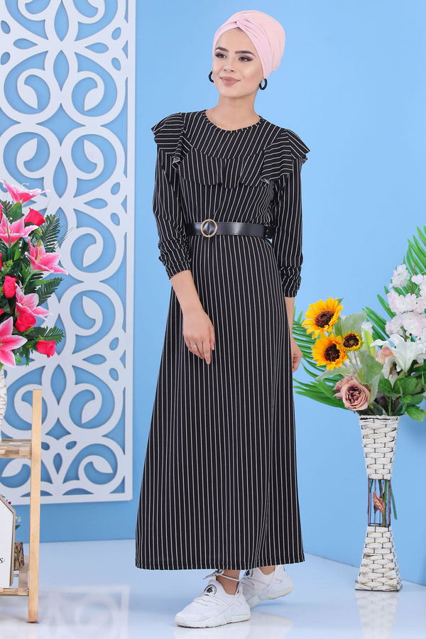 Çizgili Elbise Siyah - 02 7316 Siyah - 7316