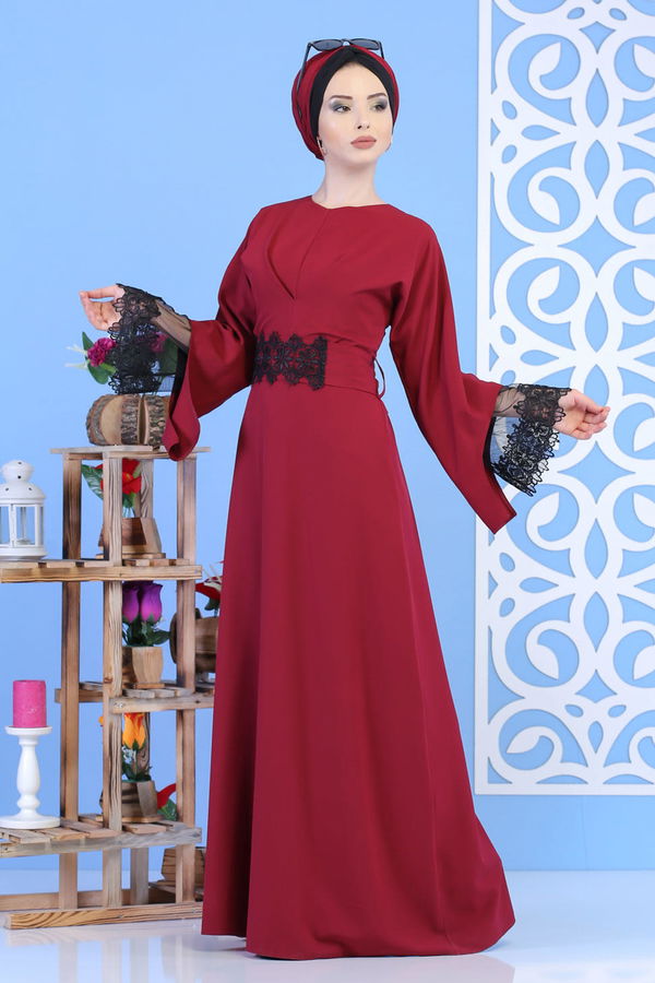Elbise Siyah Bordo - 1081