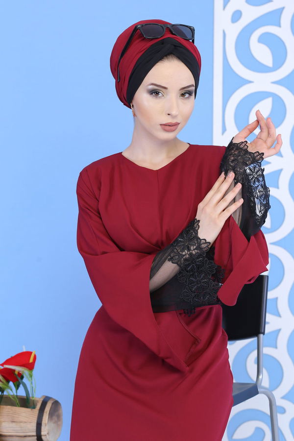 Elbise Siyah Bordo - 1081