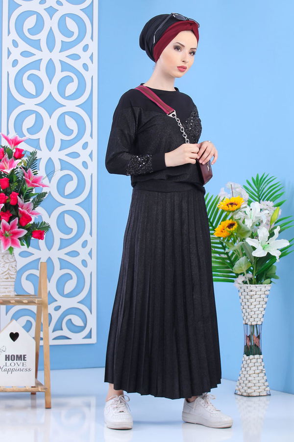 Piliseli Tunik & Etek Takımı - Siyah Siyah - 02 7165 Siyah - 7165