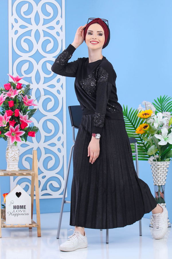 Piliseli Tunik & Etek Takımı - Siyah Siyah - 02 7165 Siyah - 7165