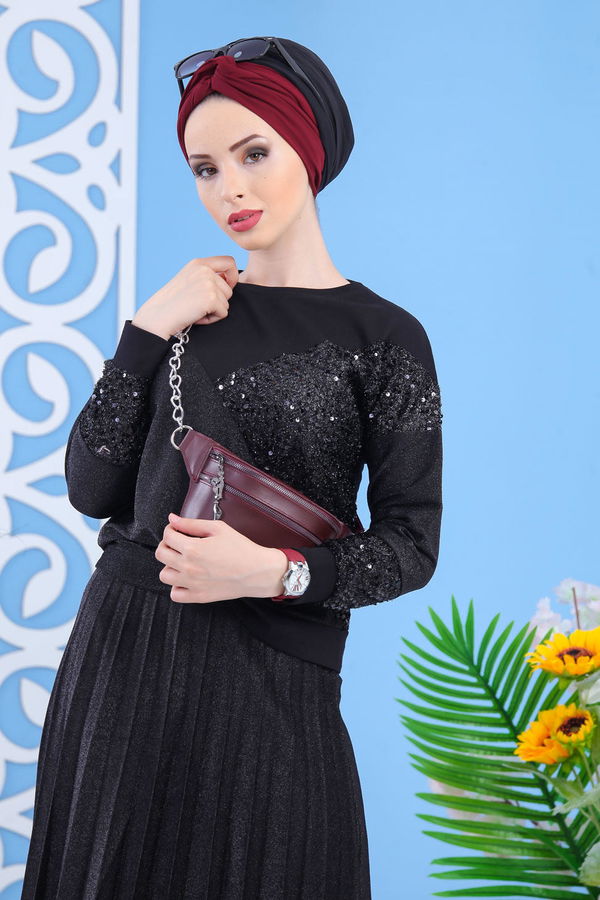Piliseli Tunik & Etek Takımı - Siyah Siyah - 02 7165 Siyah - 7165