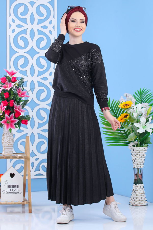 Piliseli Tunik & Etek Takımı - Siyah Siyah - 02 7165 Siyah - 7165