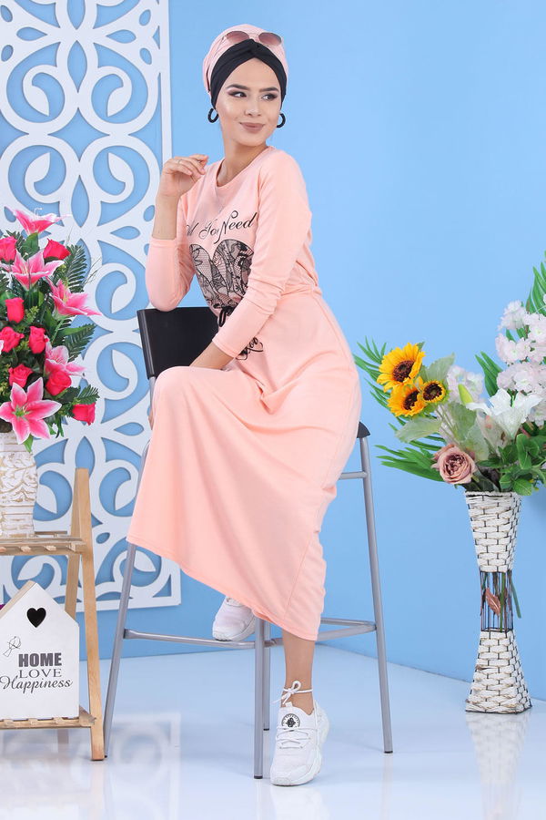 Baskılı Elbise - Pudra 03 5142 Pembe - 5142
