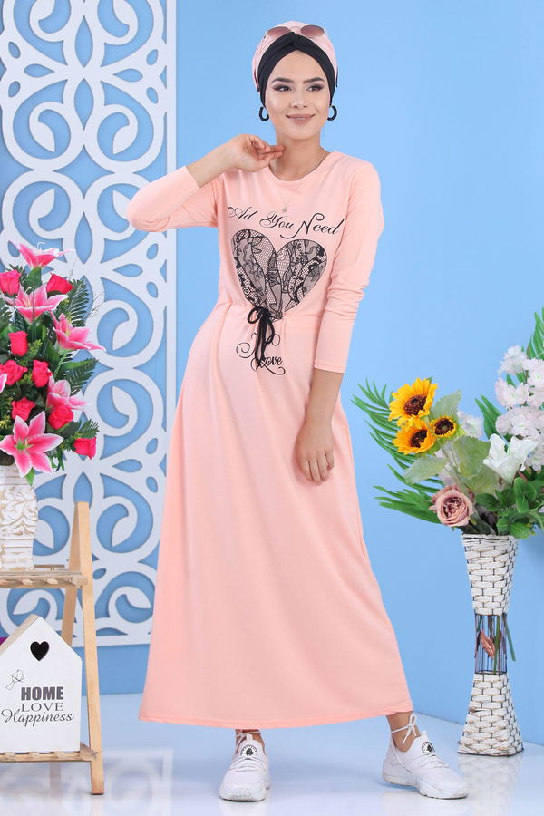 Baskılı Elbise - Pudra 03 5142 Pembe - 5142