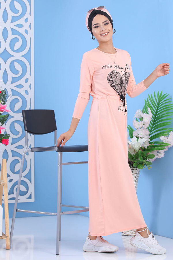 Baskılı Elbise - Pudra 03 5142 Pembe - 5142