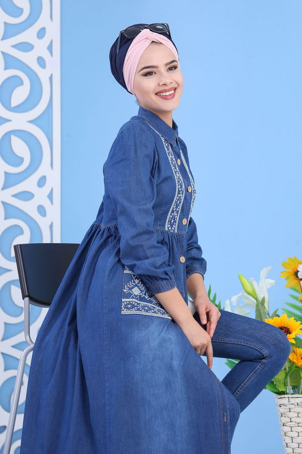 Nakış Detay Kot Elbise Lacivert - 02 6991 Lacivert - 6991