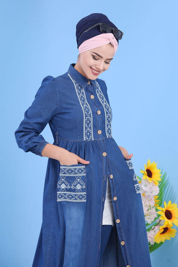 Nakış Detay Kot Elbise Lacivert - 02 6991 Lacivert - 6991