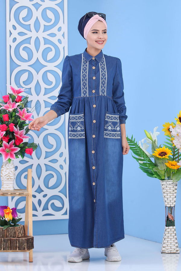 Nakış Detay Kot Elbise Lacivert - 02 6991 Lacivert - 6991